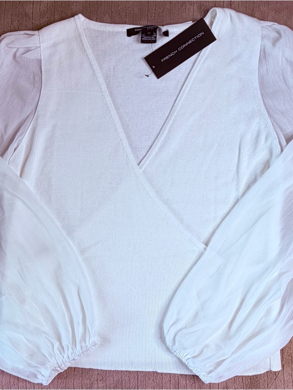 French Connection White V-Neck Puff Sleeve Wrap Blouse - Picture 6 of 8